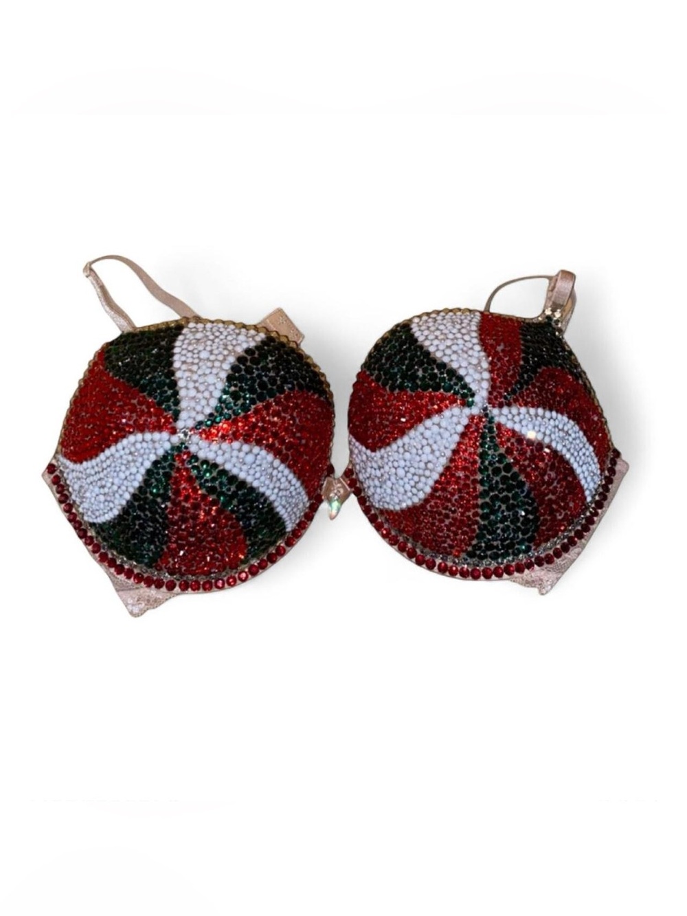 40B Siam Red & Jet Black Crystal Candy Cane Design Rhinestone Glam Bling Bra To